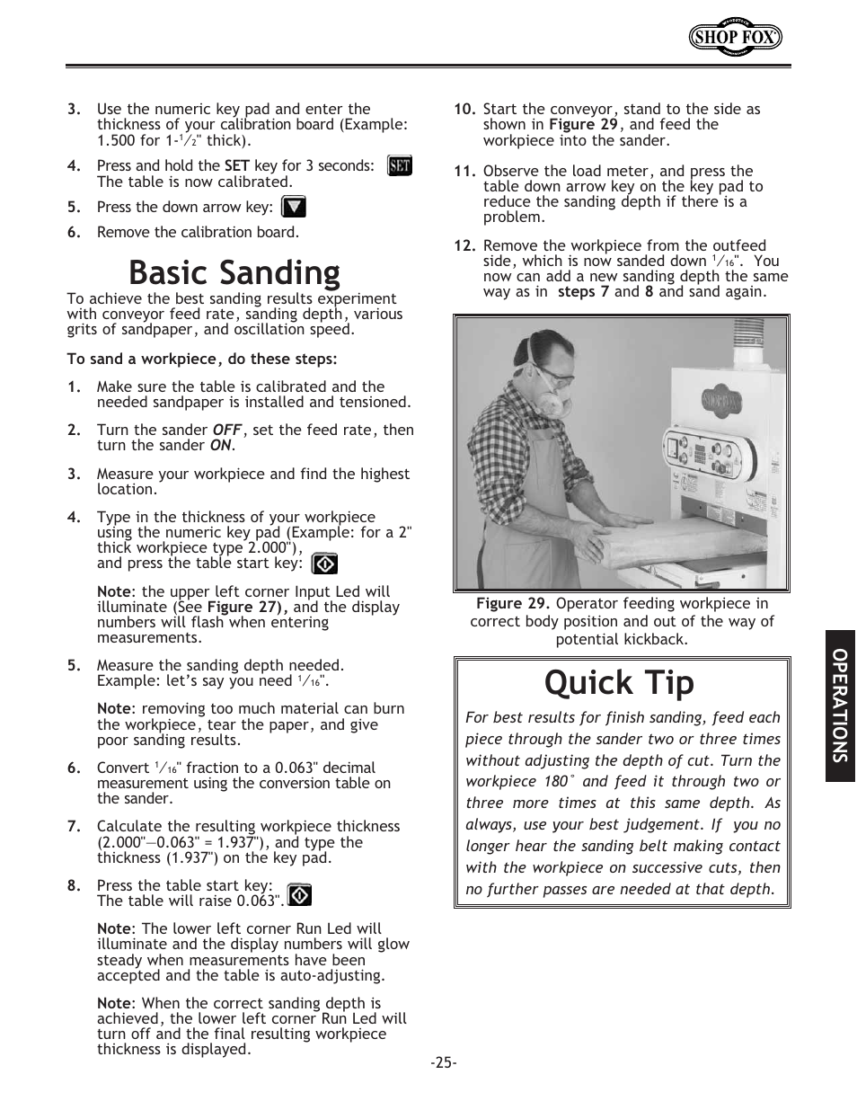 Basic sanding, Quick tip, Operations | Woodstock SHOP FOX W1709 User Manual | Page 27 / 52