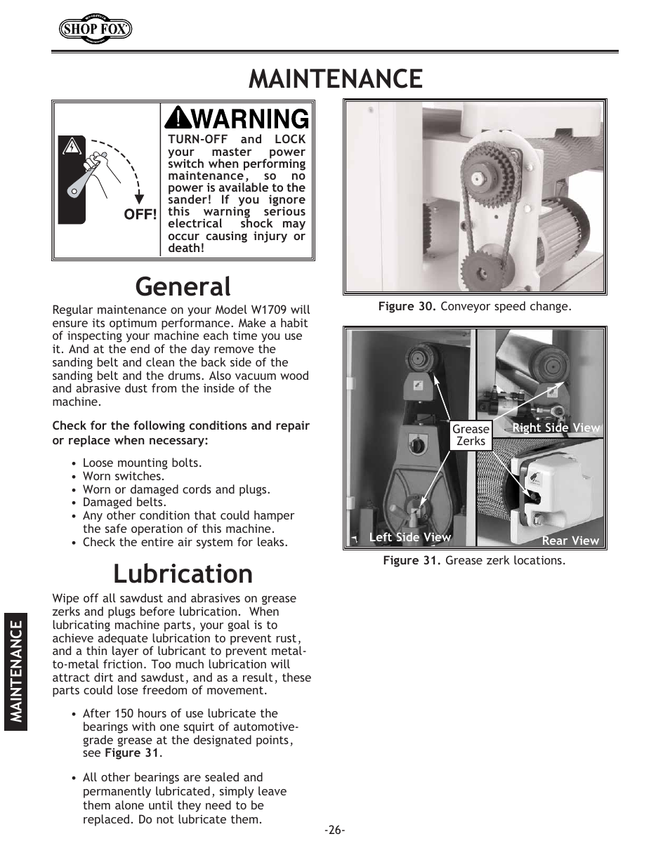 Maintenance lubrication, General | Woodstock SHOP FOX W1709 User Manual | Page 28 / 52