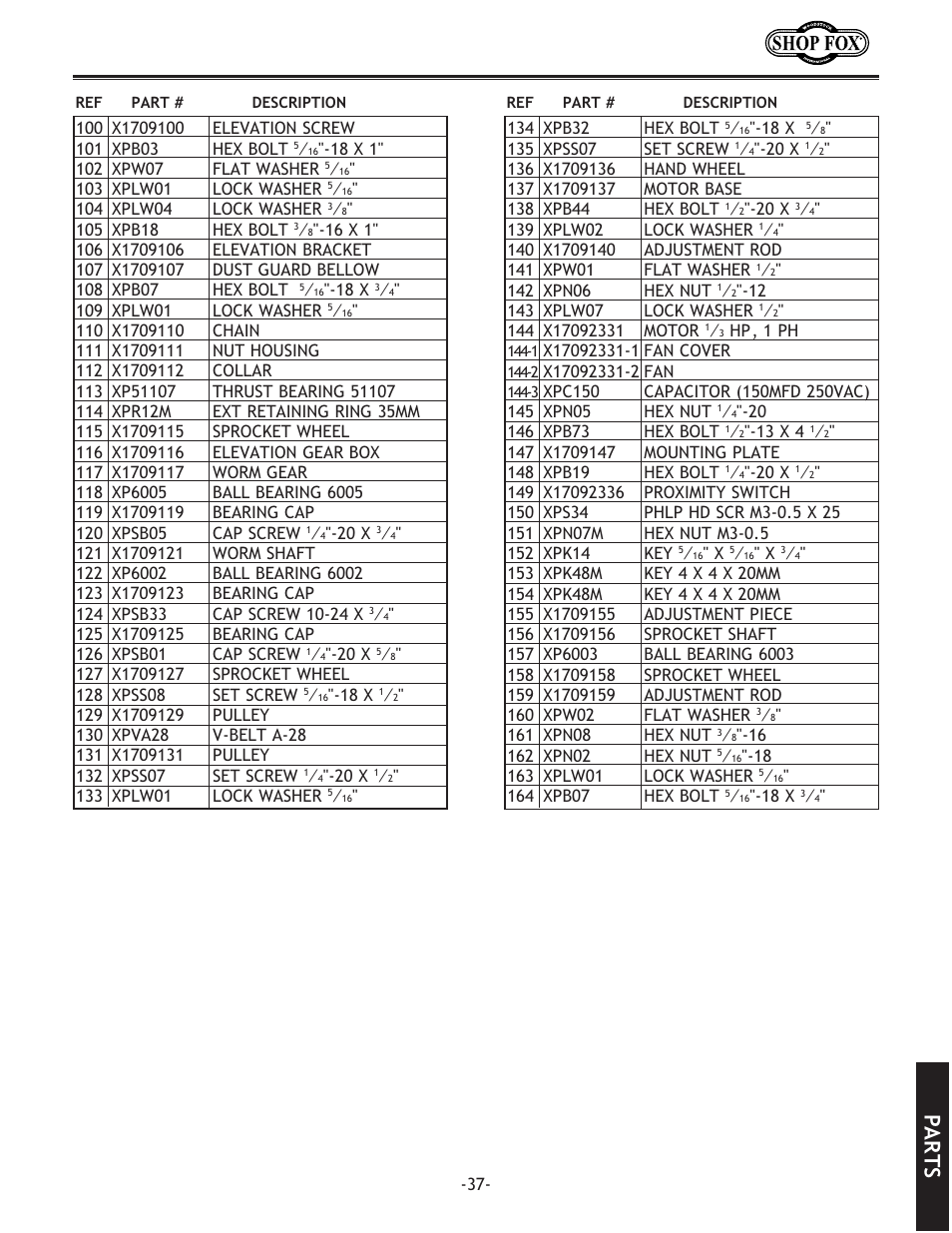 Parts | Woodstock SHOP FOX W1709 User Manual | Page 39 / 52