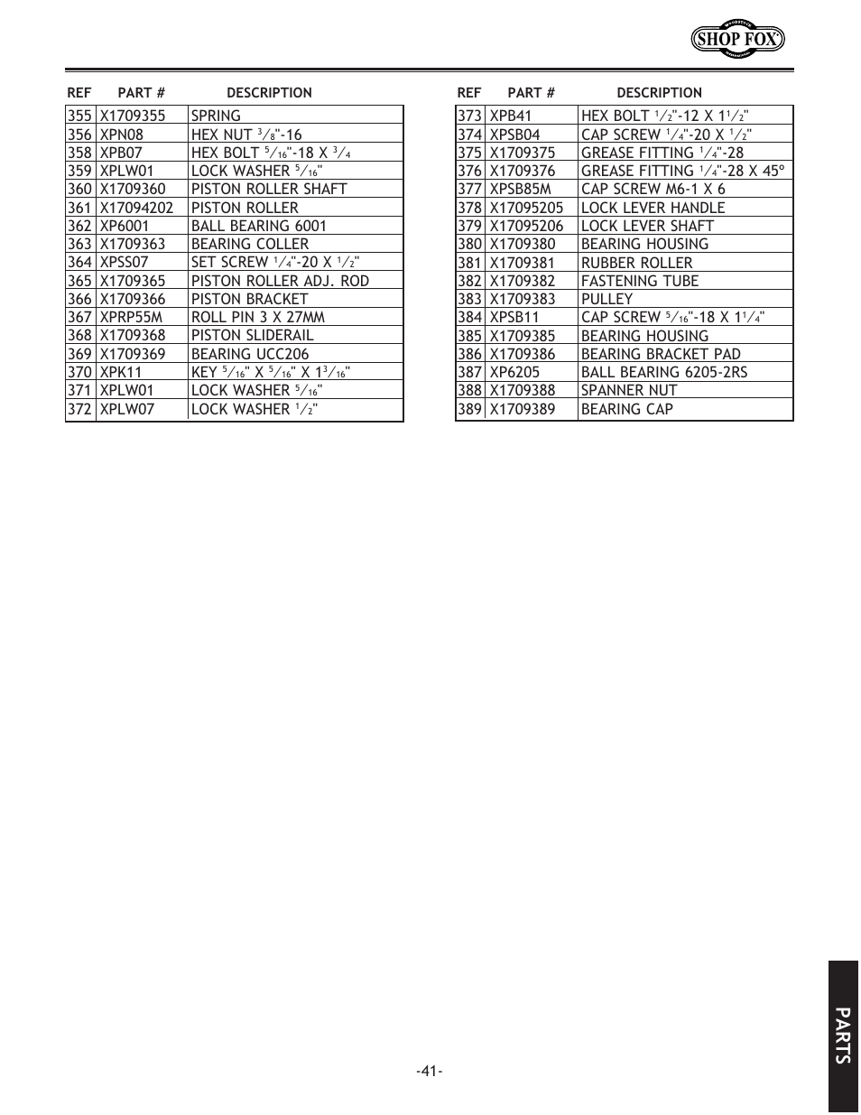 Parts | Woodstock SHOP FOX W1709 User Manual | Page 43 / 52