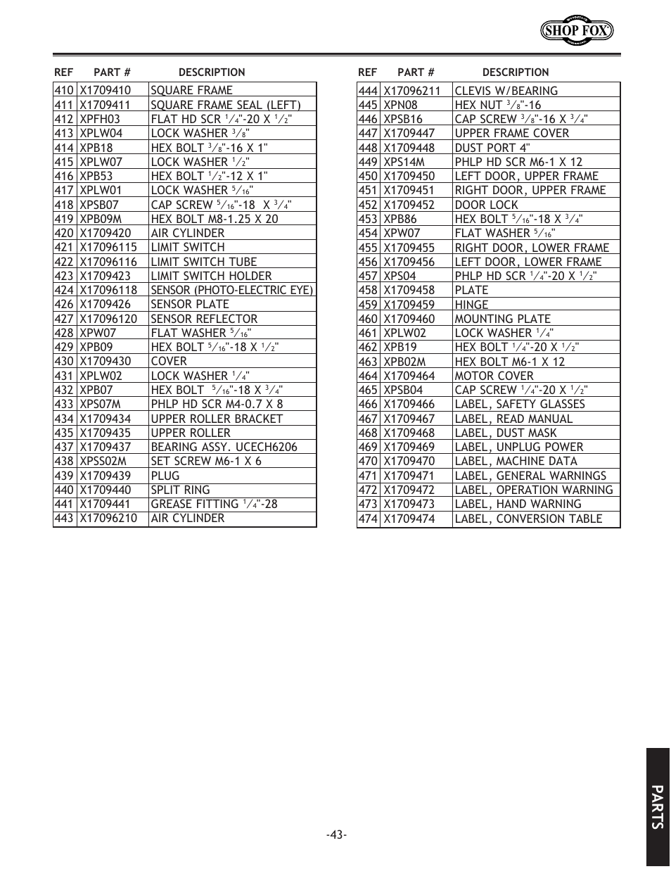 Parts | Woodstock SHOP FOX W1709 User Manual | Page 45 / 52