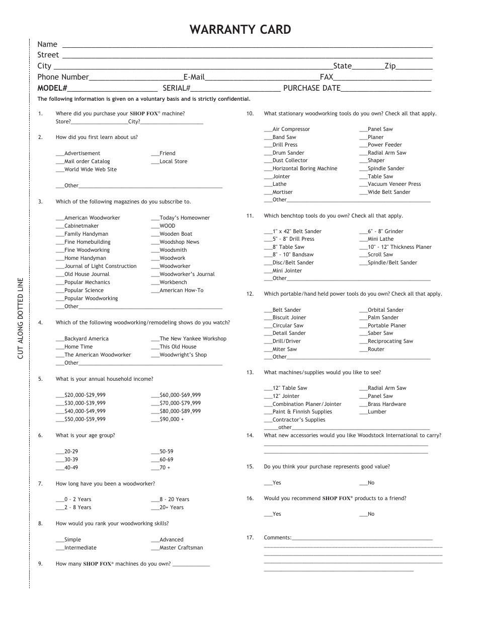 Warranty card, Cut along dotted line | Woodstock SHOP FOX W1709 User Manual | Page 49 / 52