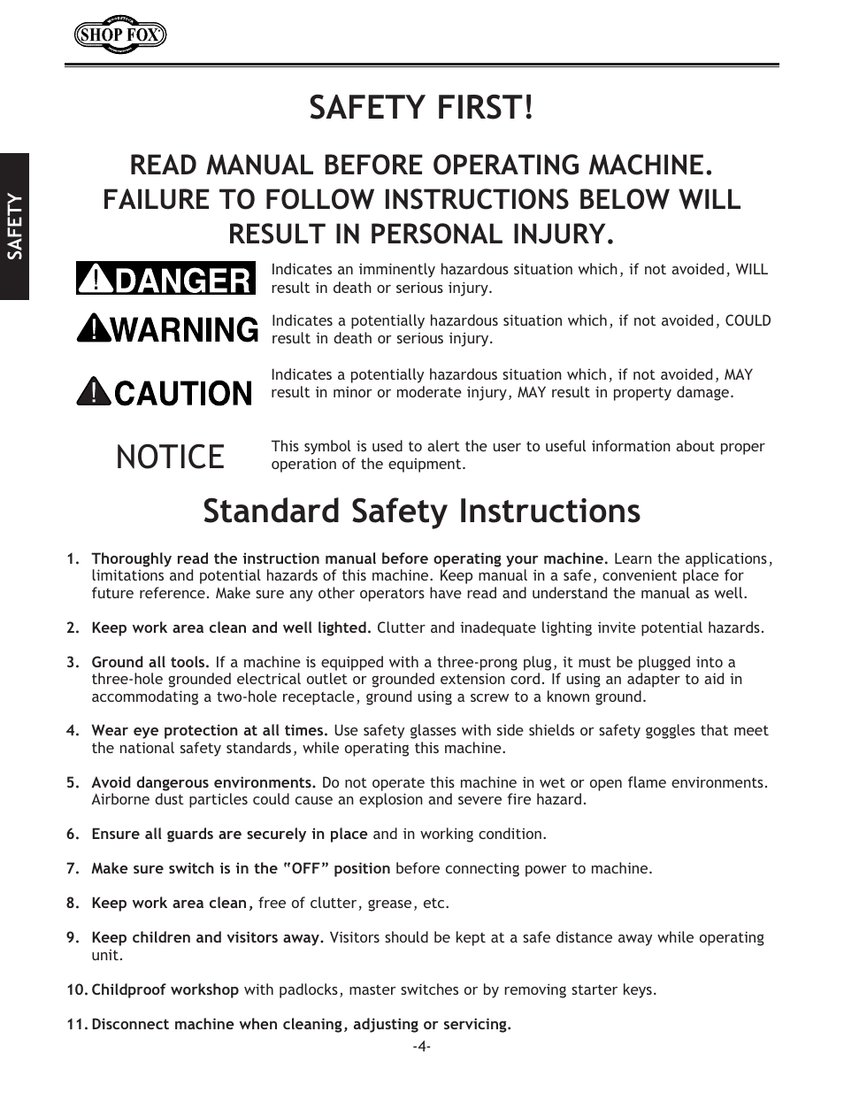 Safety first! standard safety instructions, Notice | Woodstock SHOP FOX W1709 User Manual | Page 6 / 52