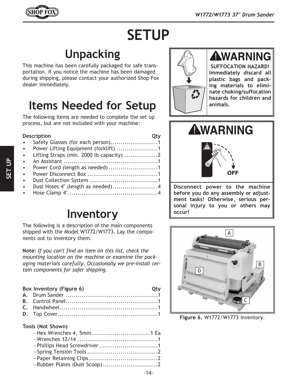 Setup, Inventory, Unpacking items needed for setup | Woodstock SHOP FOX W1772 User Manual | Page 16 / 72