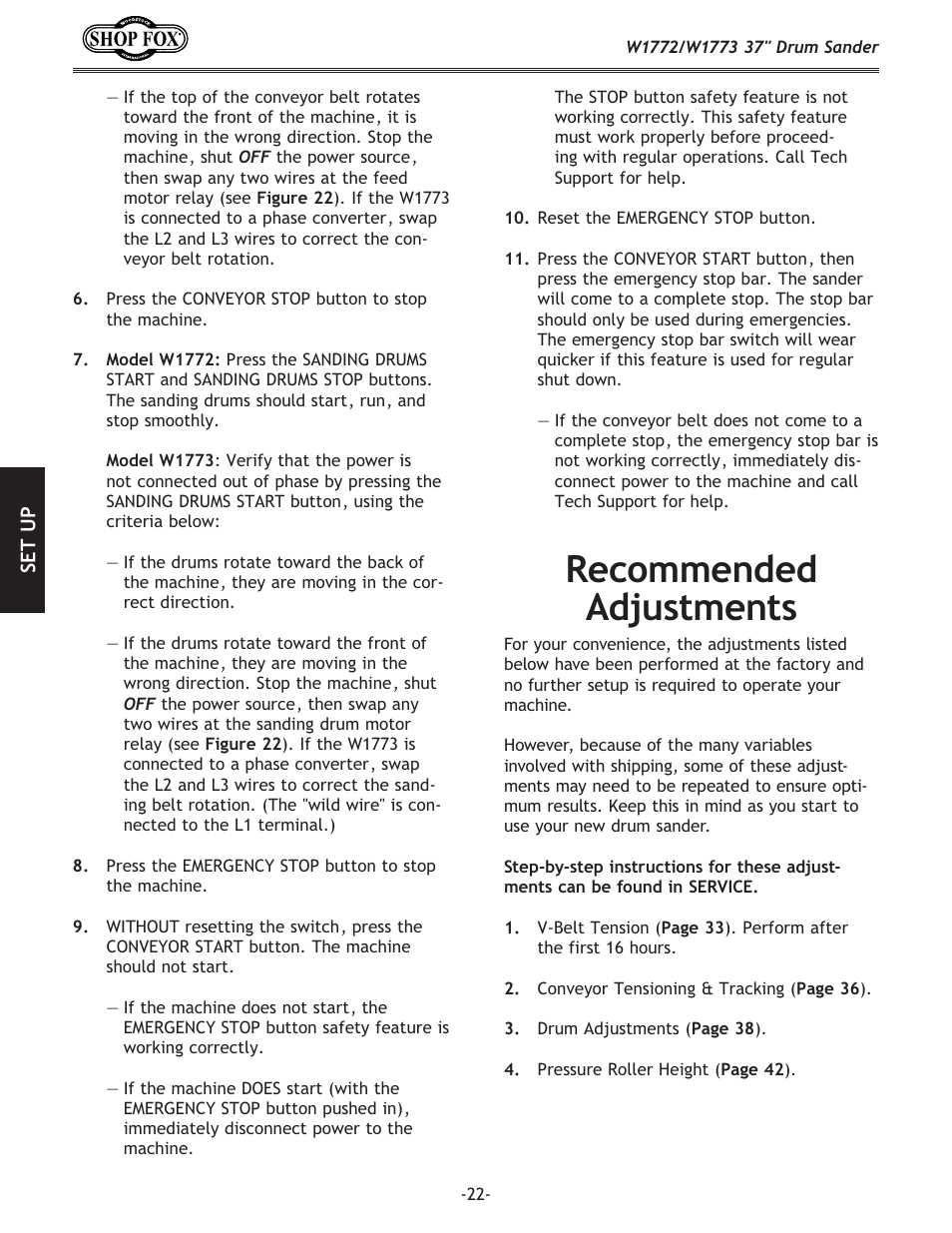 Recommended adjustments | Woodstock SHOP FOX W1772 User Manual | Page 24 / 72