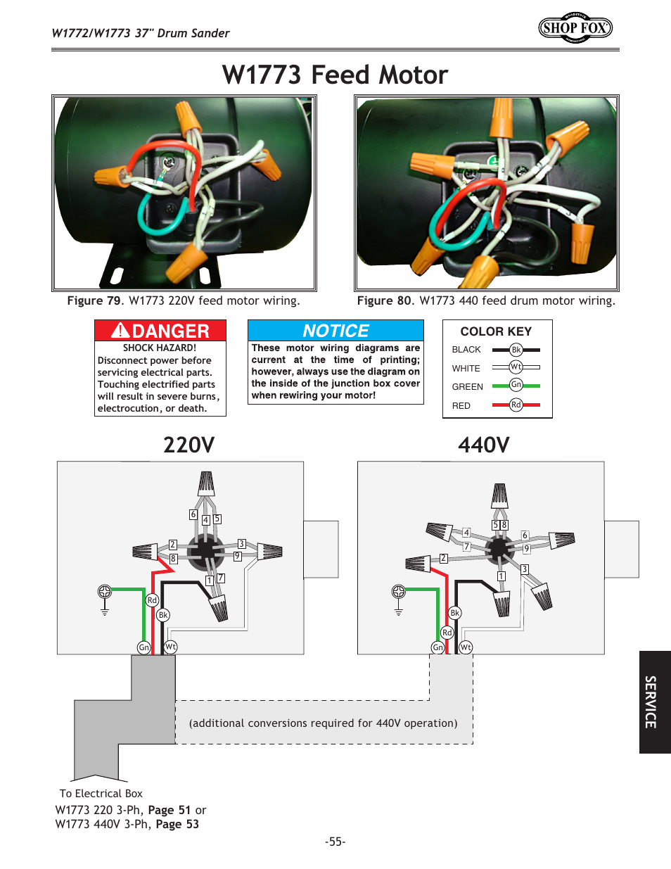 W1773 feed motor, Se rv ic e | Woodstock SHOP FOX W1772 User Manual | Page 57 / 72