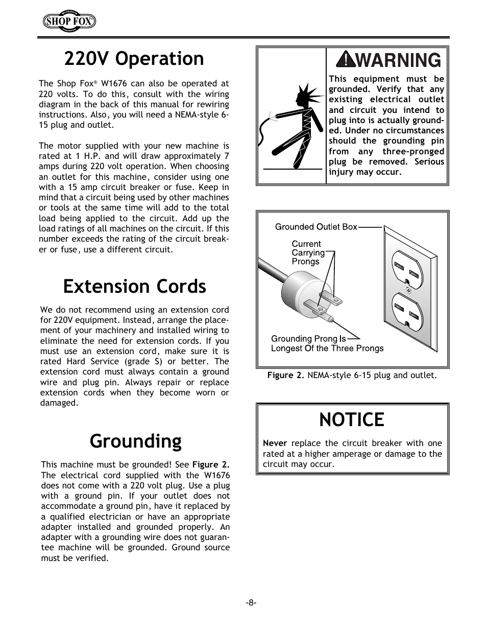 Notice, 220v operation, Extension cords grounding | Woodstock Combination Model User Manual | Page 11 / 39