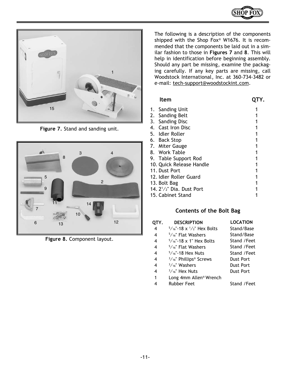 Item qty, Contents of the bolt bag | Woodstock Combination Model User Manual | Page 14 / 39
