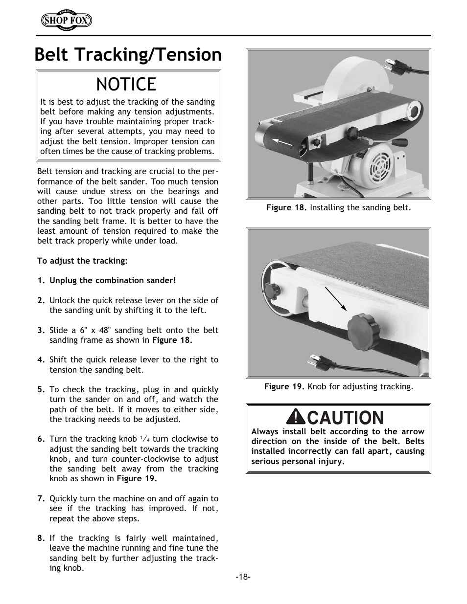 Belt tracking/tension, Notice | Woodstock Combination Model User Manual | Page 21 / 39