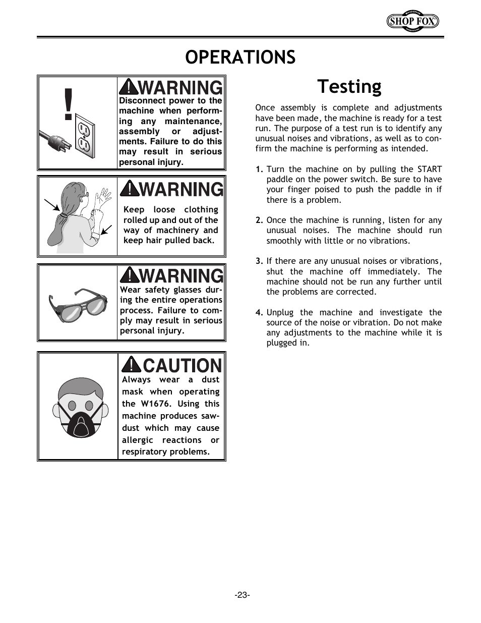 Operations testing | Woodstock Combination Model User Manual | Page 26 / 39