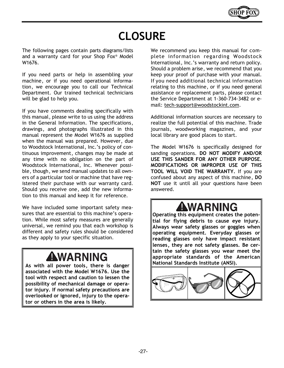 Closure | Woodstock Combination Model User Manual | Page 30 / 39