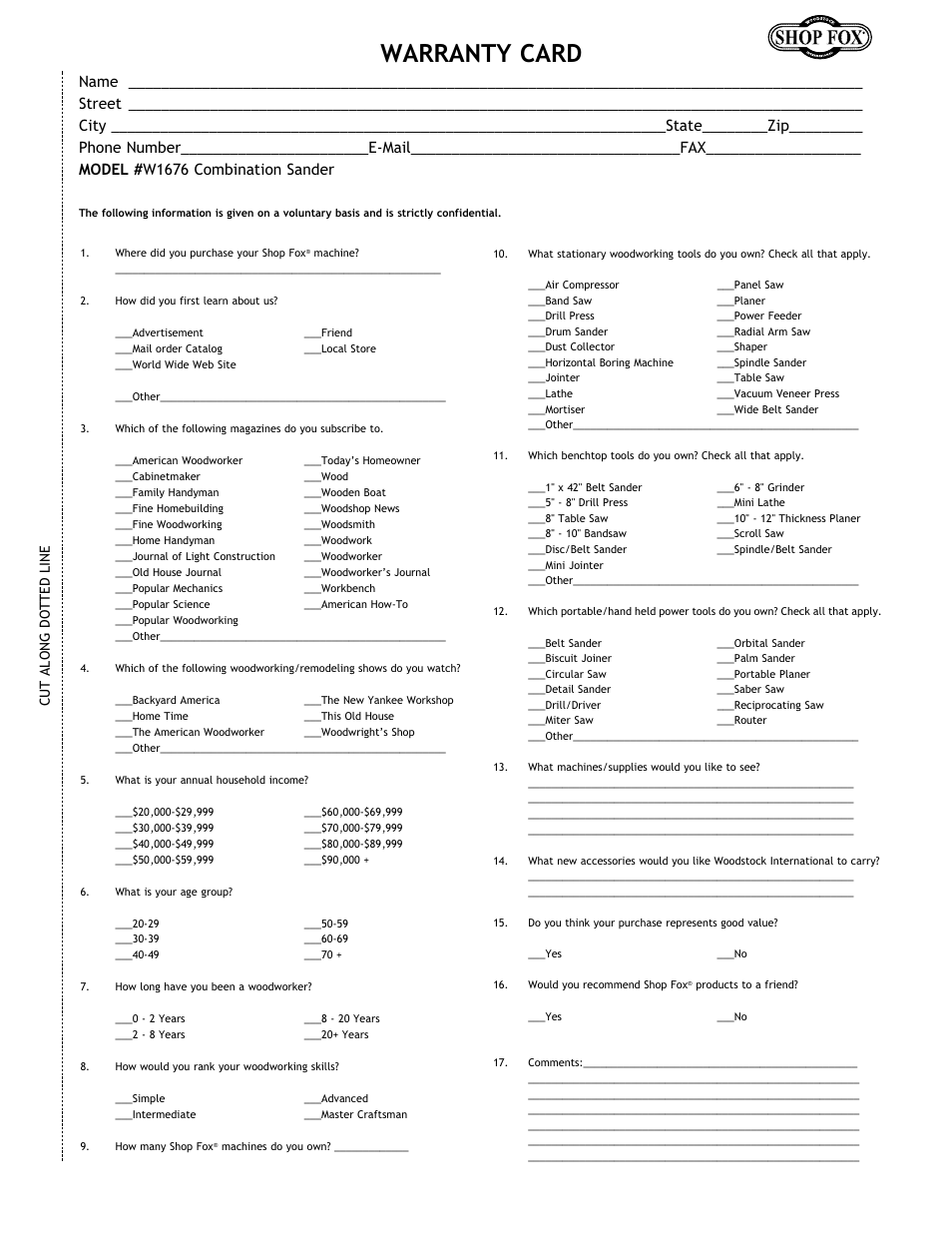 Warranty card, Cut along dotted line | Woodstock Combination Model User Manual | Page 38 / 39