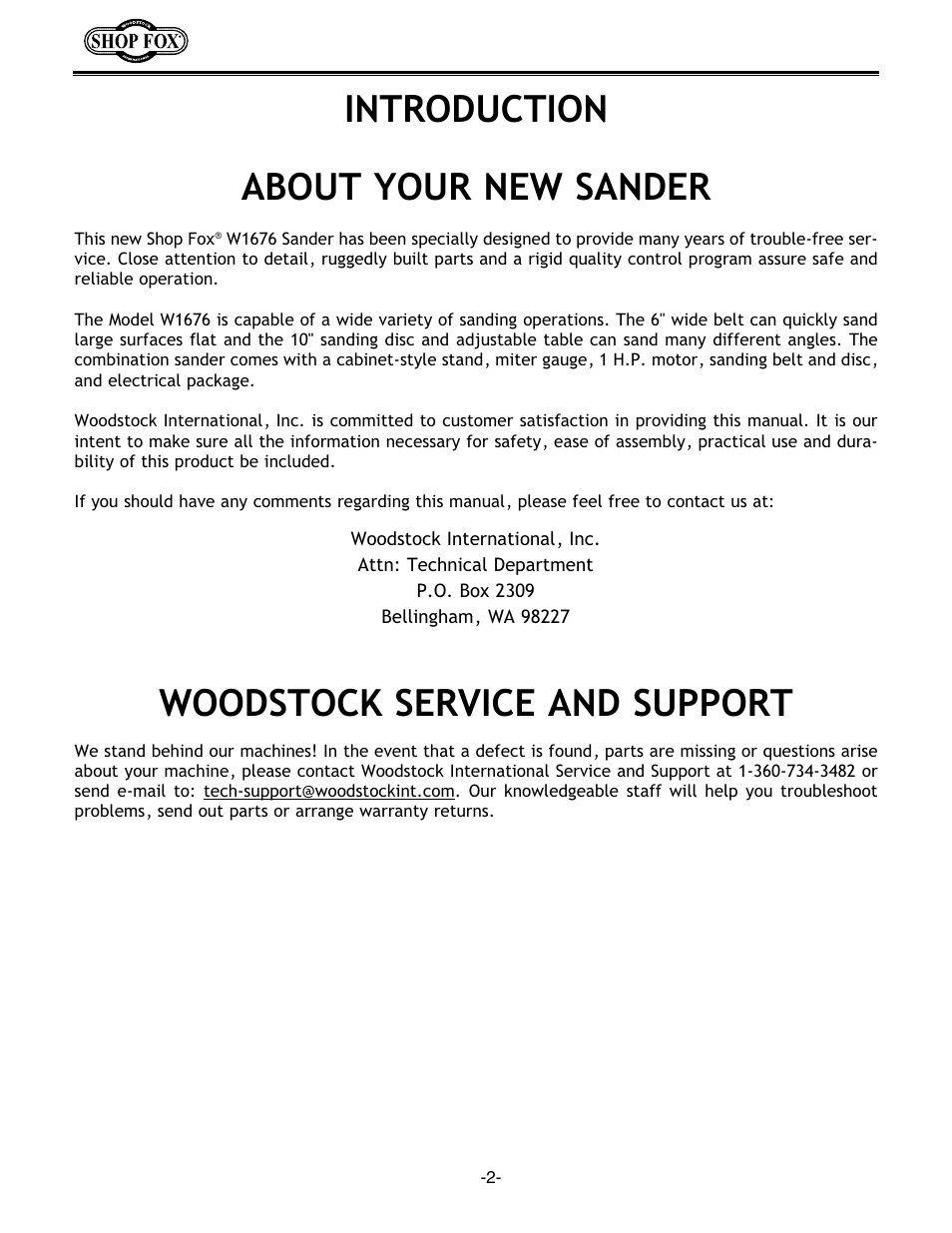 Introduction about your new sander, Woodstock service and support | Woodstock Combination Model User Manual | Page 5 / 39