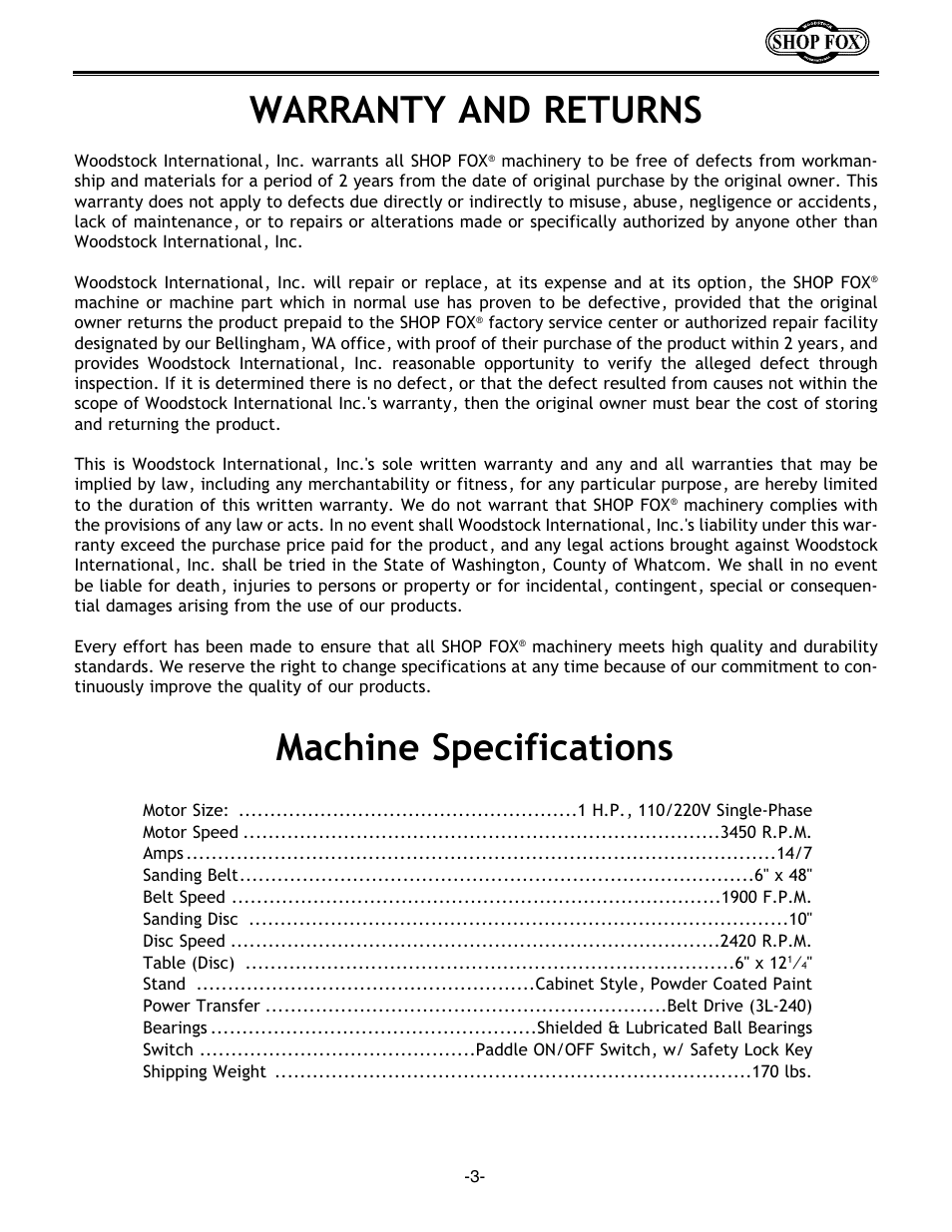 Warranty and returns, Machine specifications | Woodstock Combination Model User Manual | Page 6 / 39