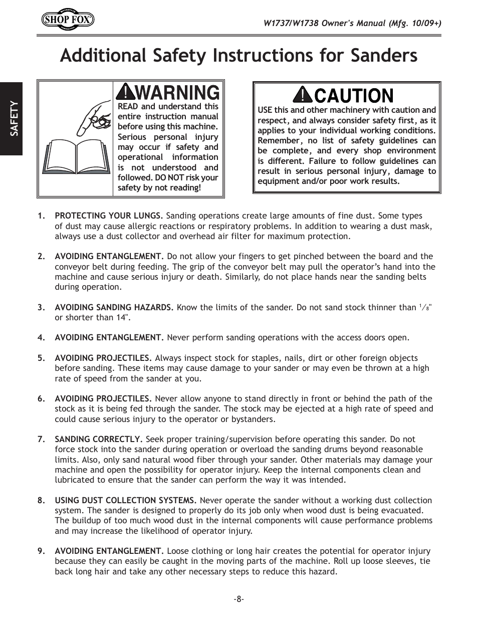 Additional safety instructions for sanders | Woodstock SHOP FOX W1737 User Manual | Page 10 / 68