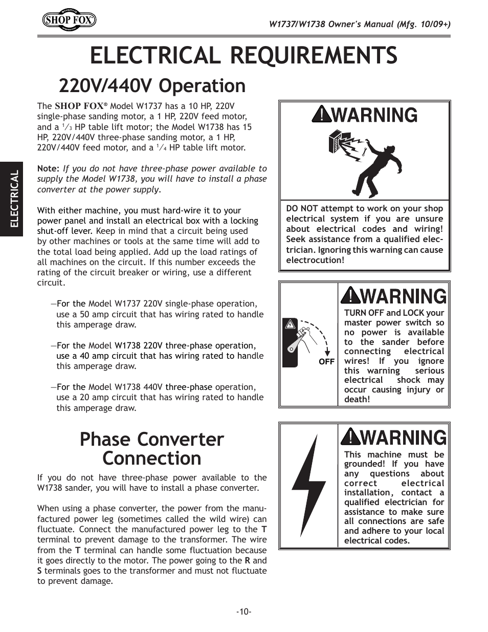 Electrical requirements, Phase converter connection | Woodstock SHOP FOX W1737 User Manual | Page 12 / 68