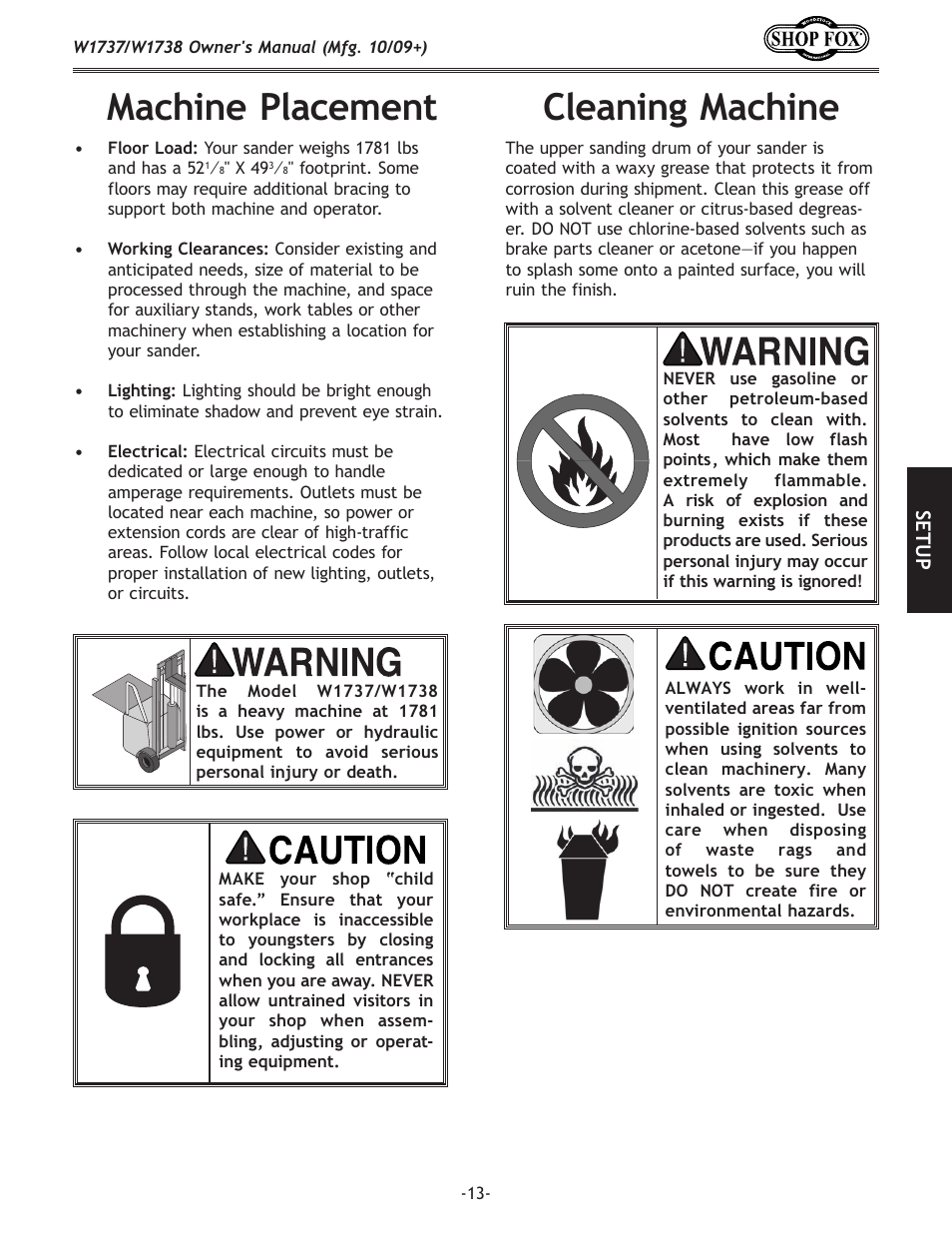 Cleaning machine, Machine placement | Woodstock SHOP FOX W1737 User Manual | Page 15 / 68