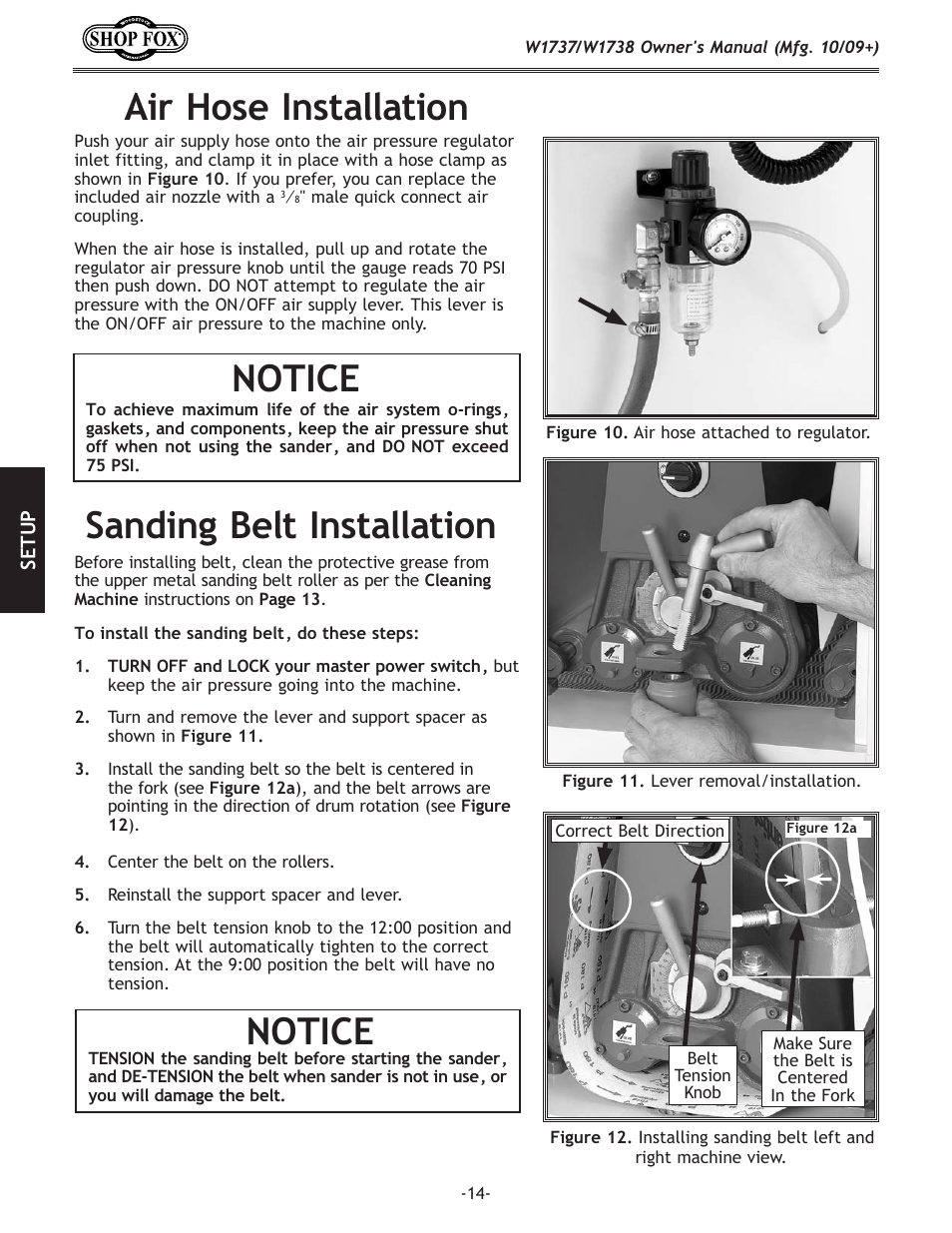 Air hose installation, Sanding belt installation, Notice | Woodstock SHOP FOX W1737 User Manual | Page 16 / 68