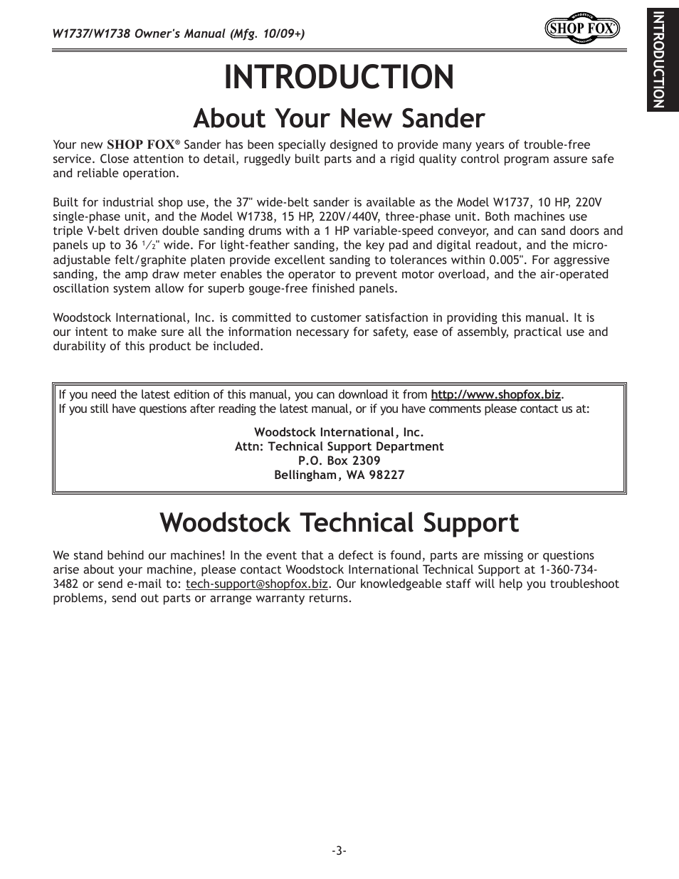 Introduction, About your new sander, Woodstock technical support | Woodstock SHOP FOX W1737 User Manual | Page 5 / 68