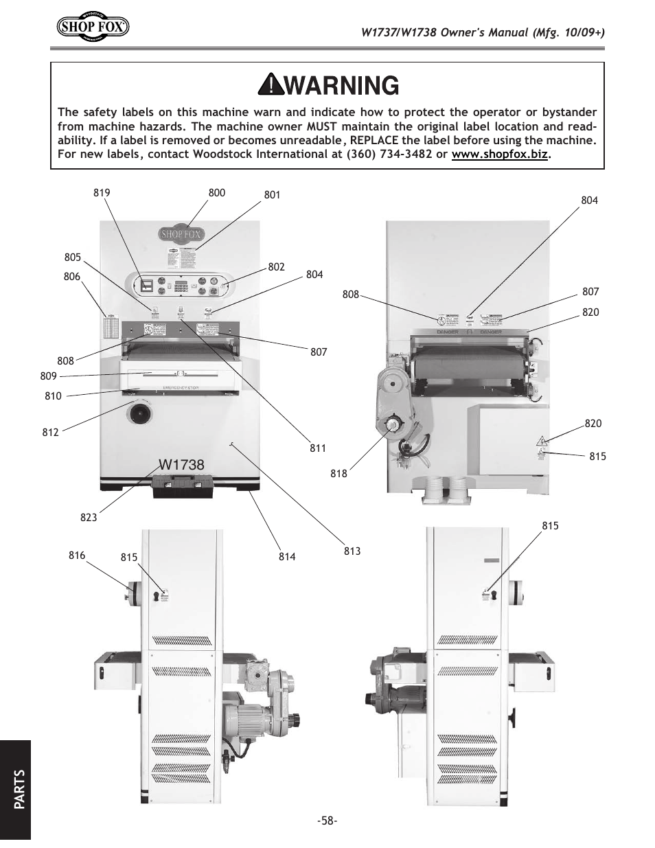 Safety label placement, W1738, Pa rt s | Woodstock SHOP FOX W1737 User Manual | Page 60 / 68