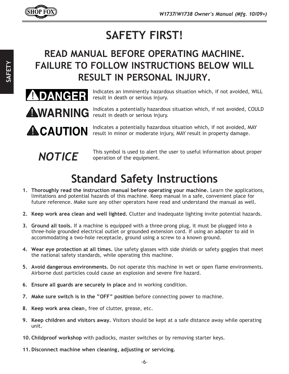Safety first! standard safety instructions, Notice | Woodstock SHOP FOX W1737 User Manual | Page 8 / 68