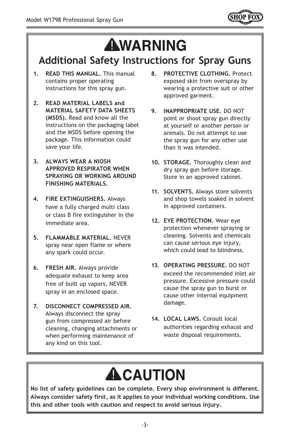 Additional safety instructions for spray guns | Woodstock W1798 User Manual | Page 5 / 20