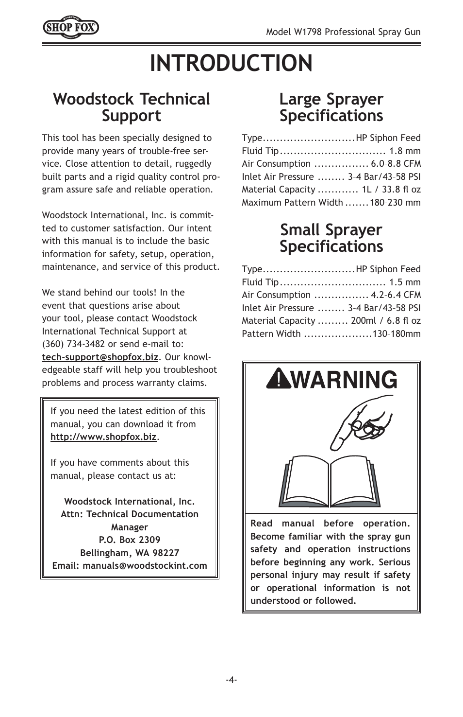 Introduction, Small sprayer specifications | Woodstock W1798 User Manual | Page 6 / 20