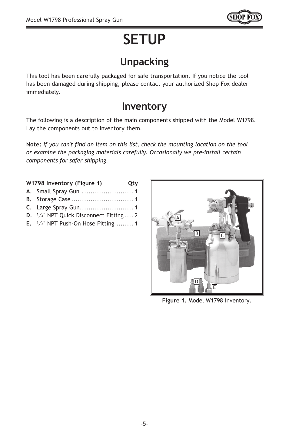 Setup, Inventory, Unpacking | Woodstock W1798 User Manual | Page 7 / 20