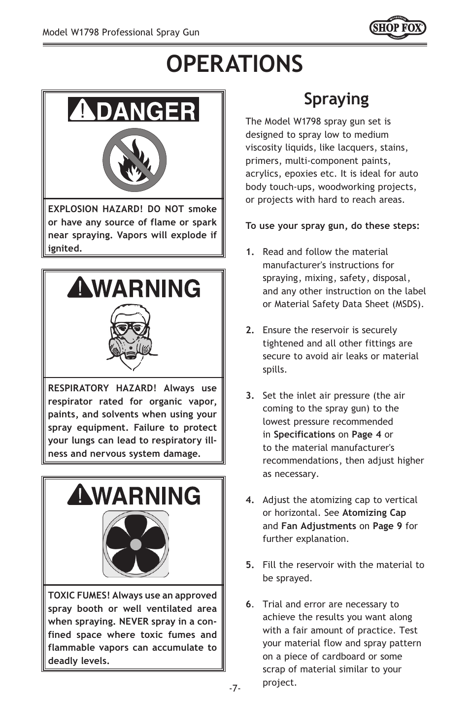 Operations, Spraying | Woodstock W1798 User Manual | Page 9 / 20