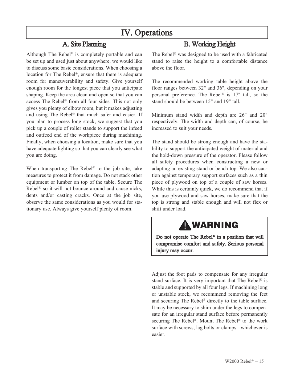 Iiv v.. o op peerraattiio on nss | Woodstock REBEL W2000 User Manual | Page 16 / 25