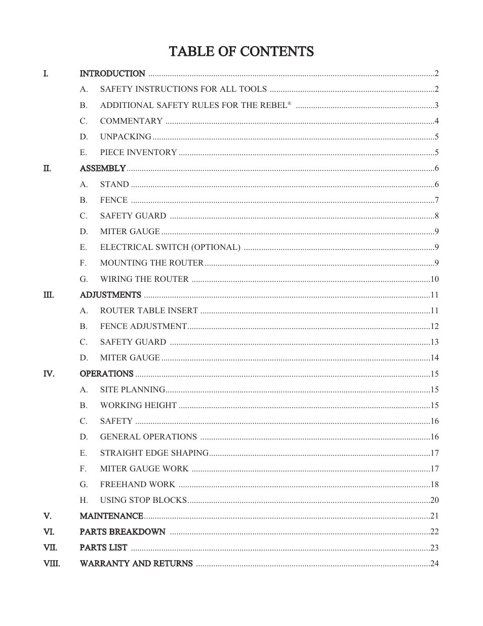 Tta ab bl le e o of f c co on nt te en nt ts s | Woodstock REBEL W2000 User Manual | Page 2 / 25