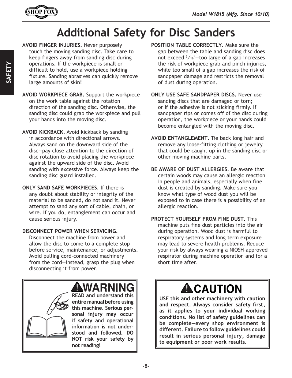 Additional safety for disc sanders | Woodstock W1815 User Manual | Page 10 / 36
