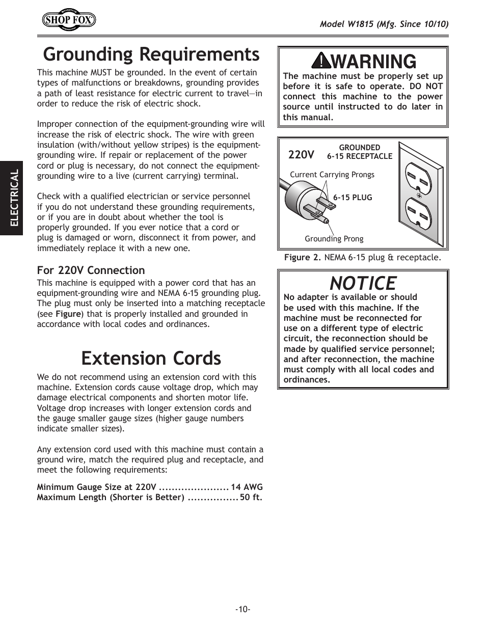 Grounding requirements, Extension cords, Notice | Woodstock W1815 User Manual | Page 12 / 36
