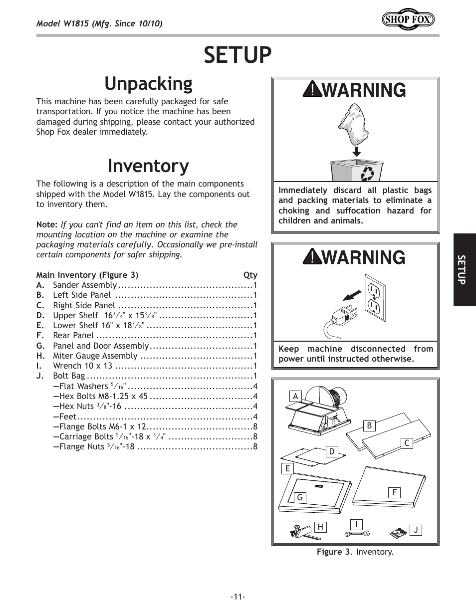 Setup, Unpacking, Inventory | Se tu p | Woodstock W1815 User Manual | Page 13 / 36