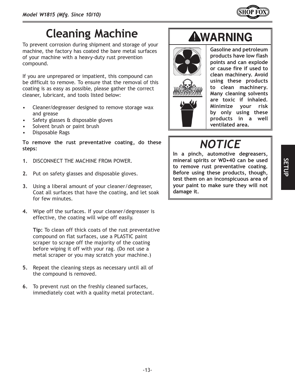 Notice, Cleaning machine | Woodstock W1815 User Manual | Page 15 / 36