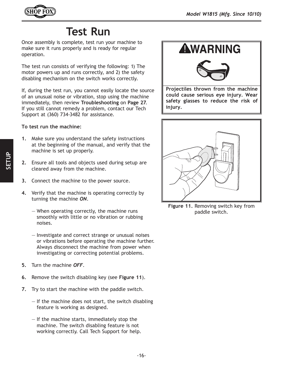 Test run | Woodstock W1815 User Manual | Page 18 / 36