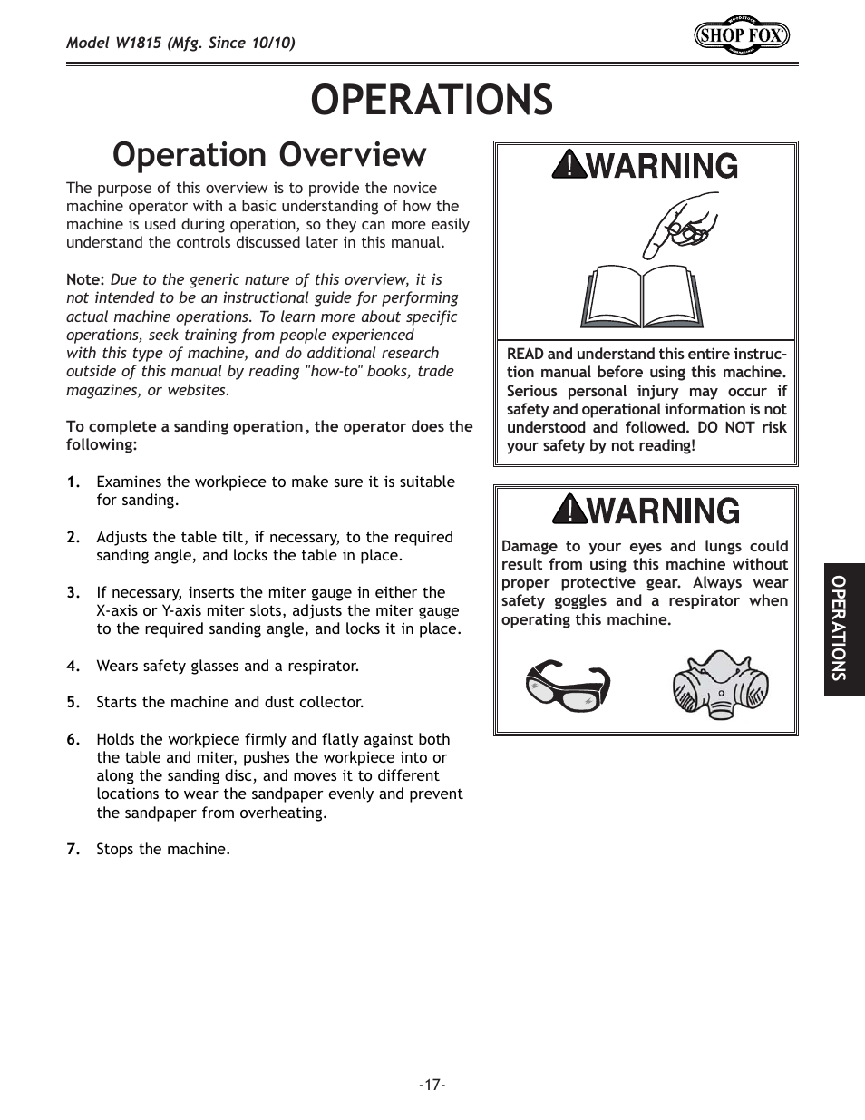 Operations, Operation overview | Woodstock W1815 User Manual | Page 19 / 36