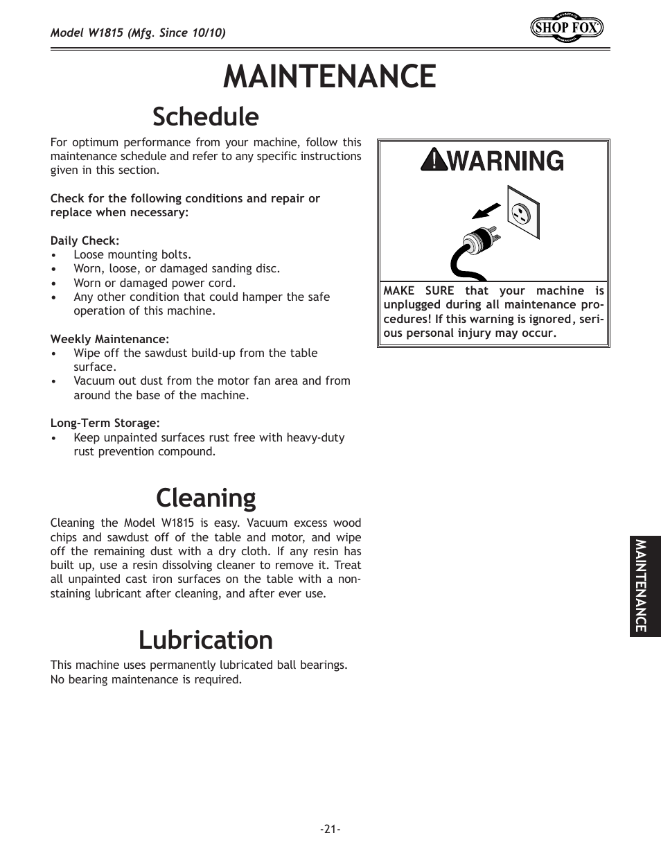 Maintenance, Lubrication, Cleaning | Schedule | Woodstock W1815 User Manual | Page 23 / 36