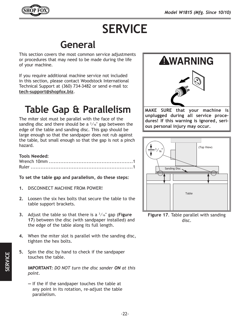 Service, General, Table gap & parallelism | Woodstock W1815 User Manual | Page 24 / 36