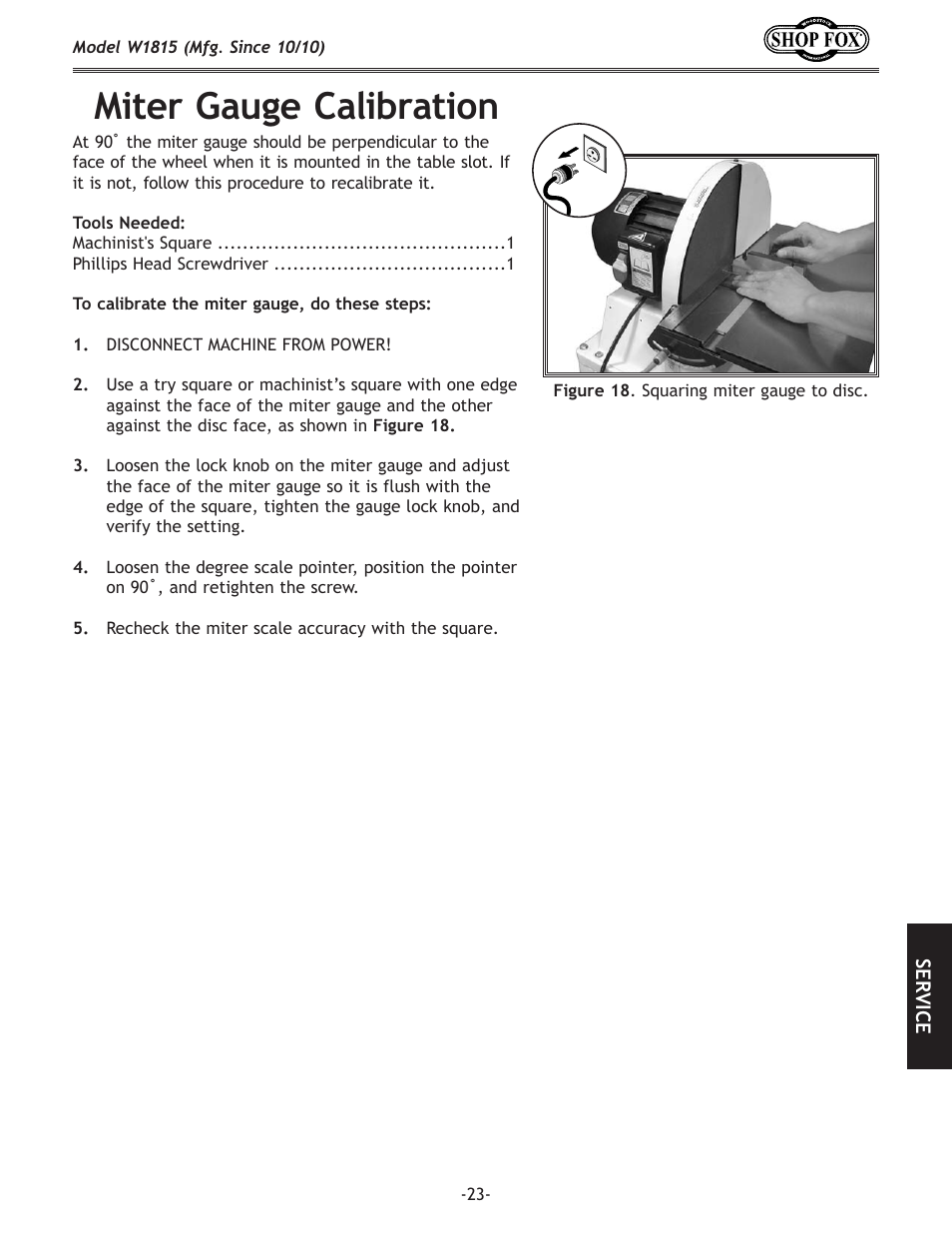 Miter gauge calibration | Woodstock W1815 User Manual | Page 25 / 36
