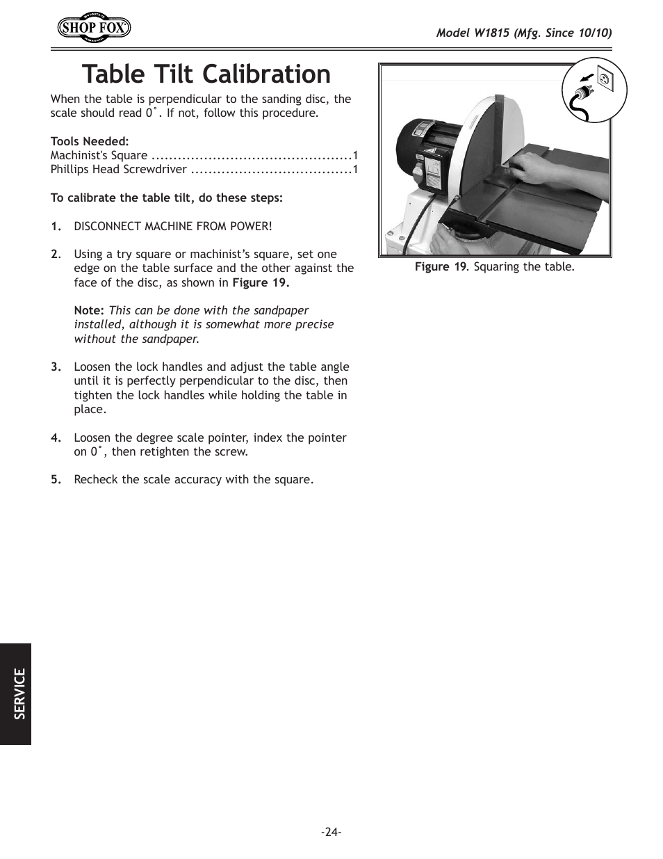 Table tilt calibration | Woodstock W1815 User Manual | Page 26 / 36