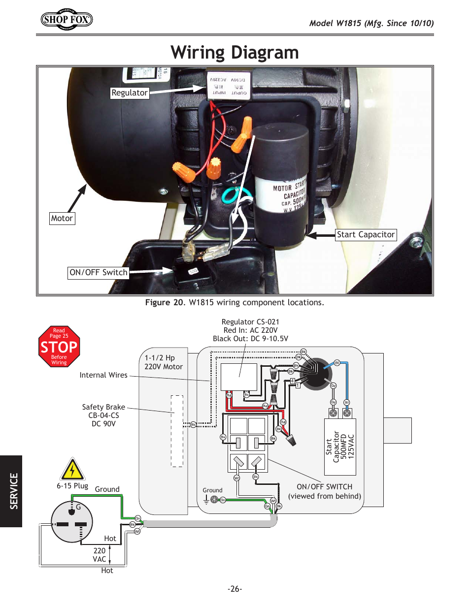 Wiring diagram, Stop, Se rv ic e | Woodstock W1815 User Manual | Page 28 / 36