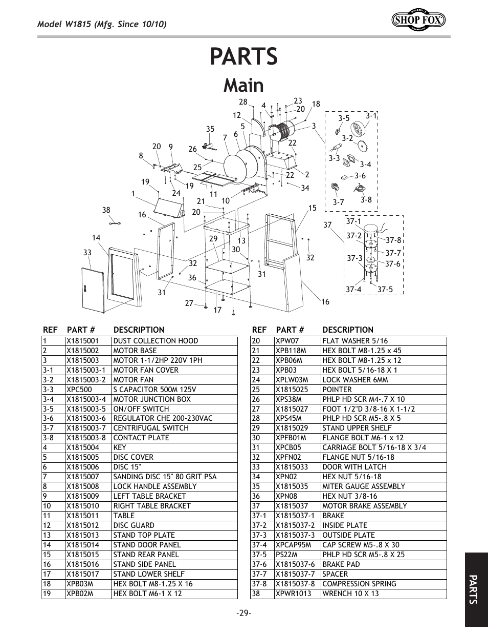 Parts, Main, Pa rt s | Woodstock W1815 User Manual | Page 31 / 36