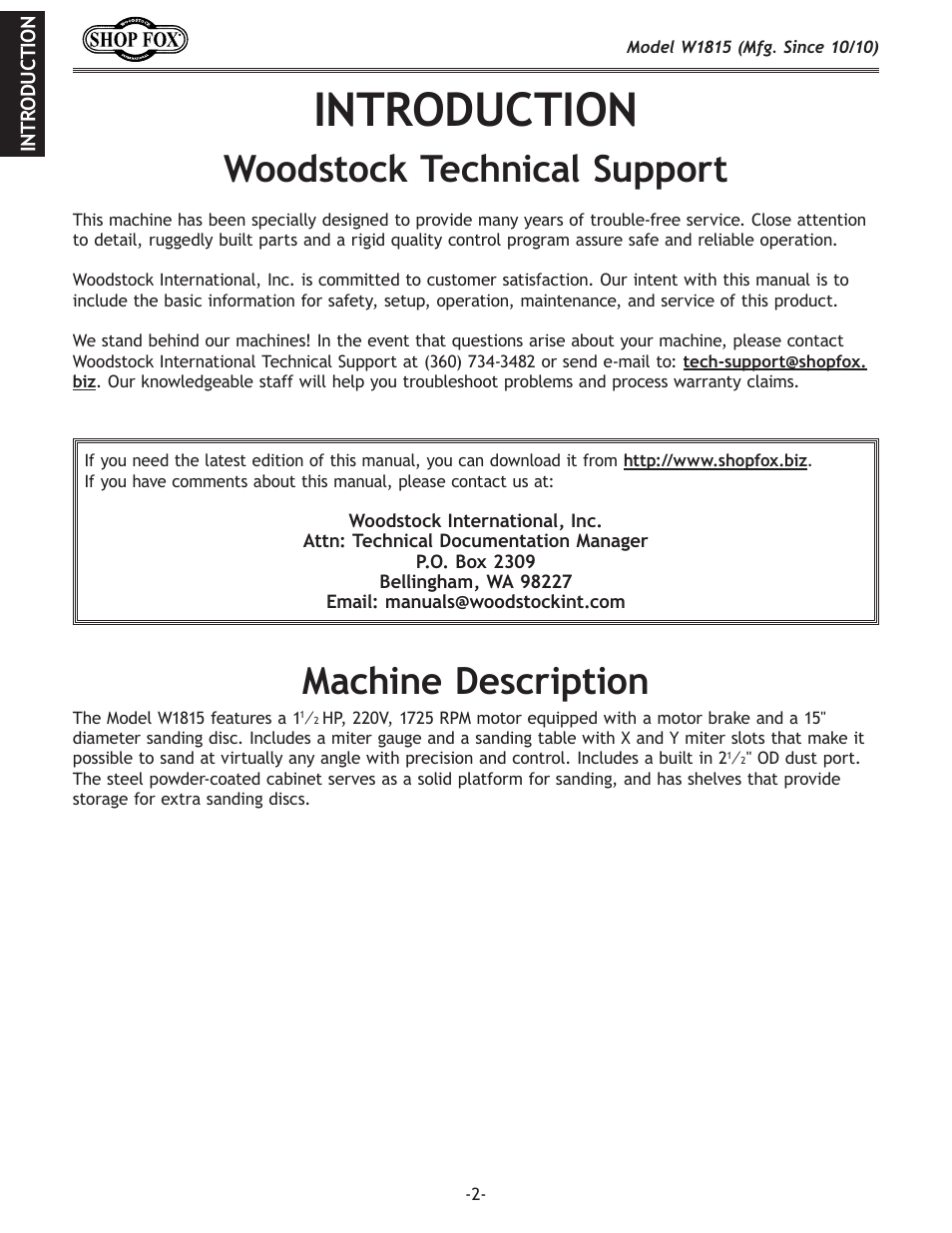 Introduction, Woodstock technical support, Machine description | Woodstock W1815 User Manual | Page 4 / 36