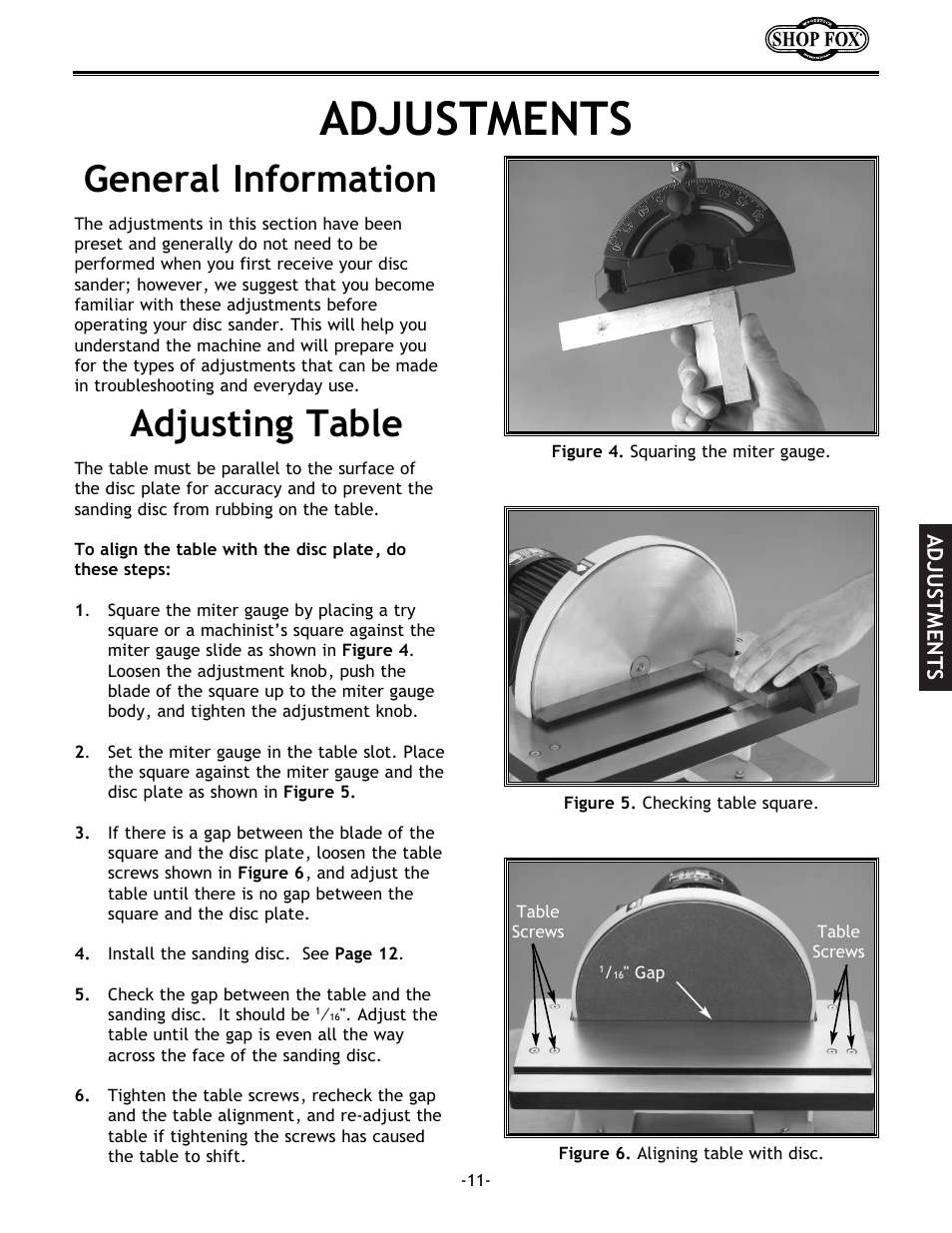 Adjustments, Adjusting table general information | Woodstock W1708 User Manual | Page 13 / 24