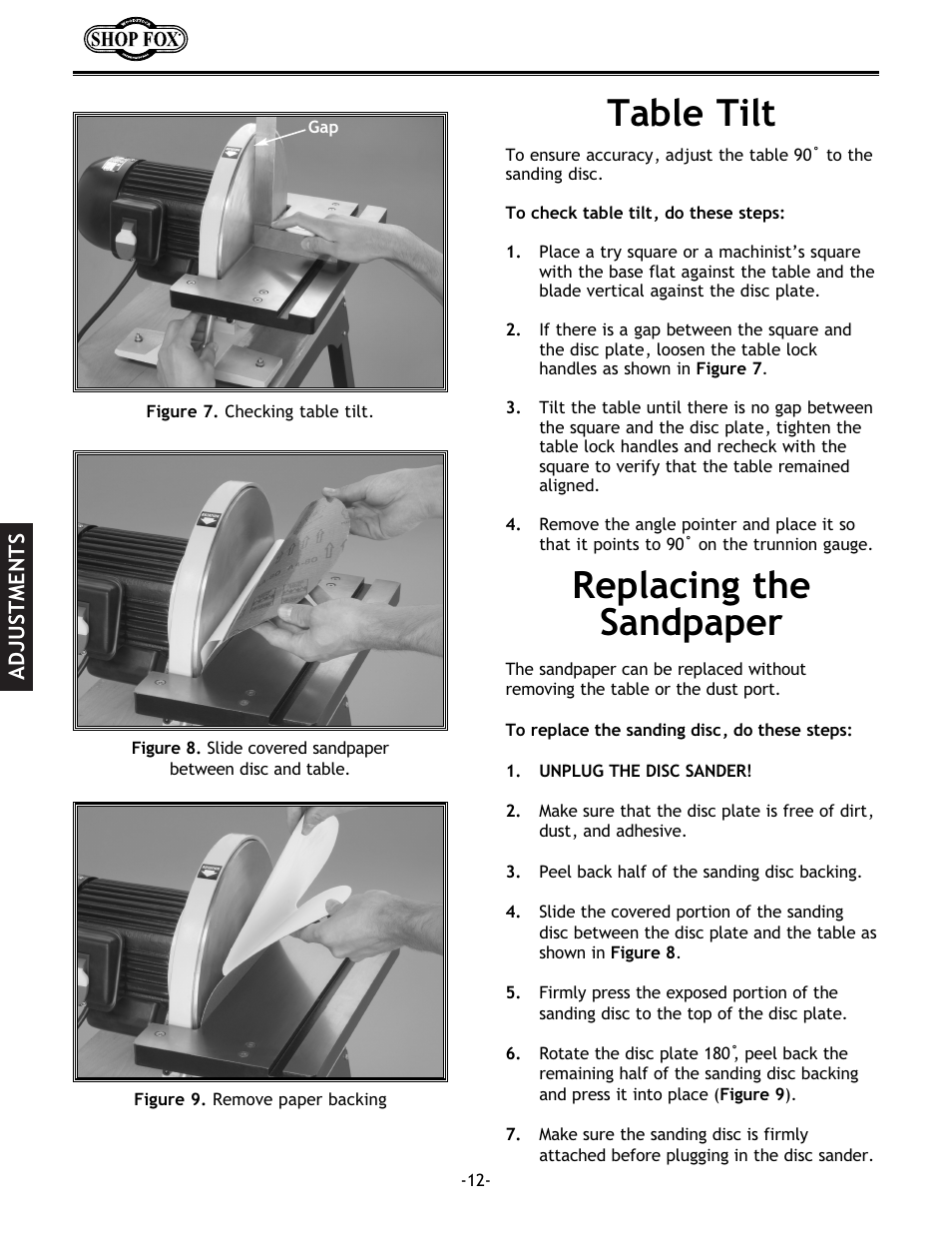 Replacing the sandpaper table tilt | Woodstock W1708 User Manual | Page 14 / 24