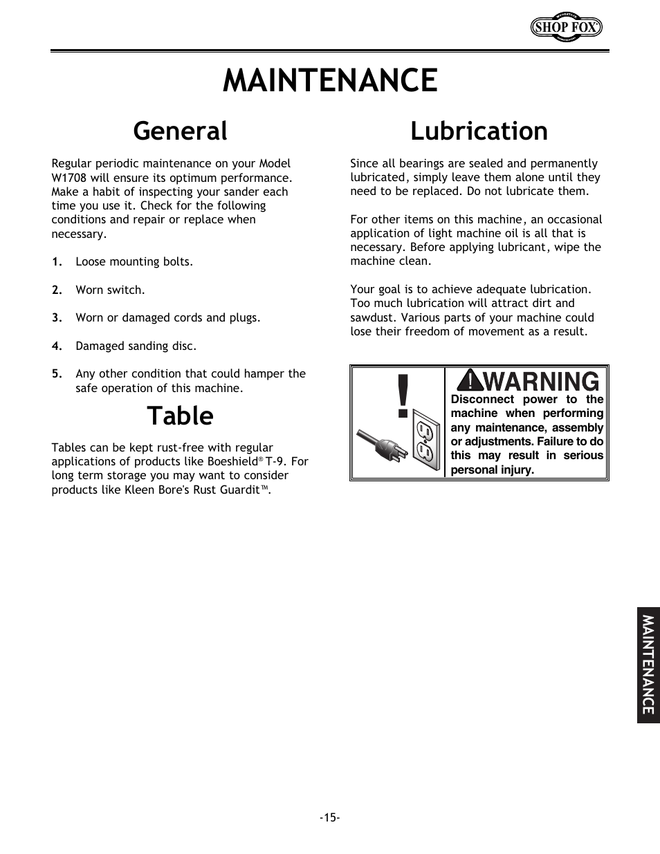 Maintenance, Lubrication, General table | Woodstock W1708 User Manual | Page 17 / 24