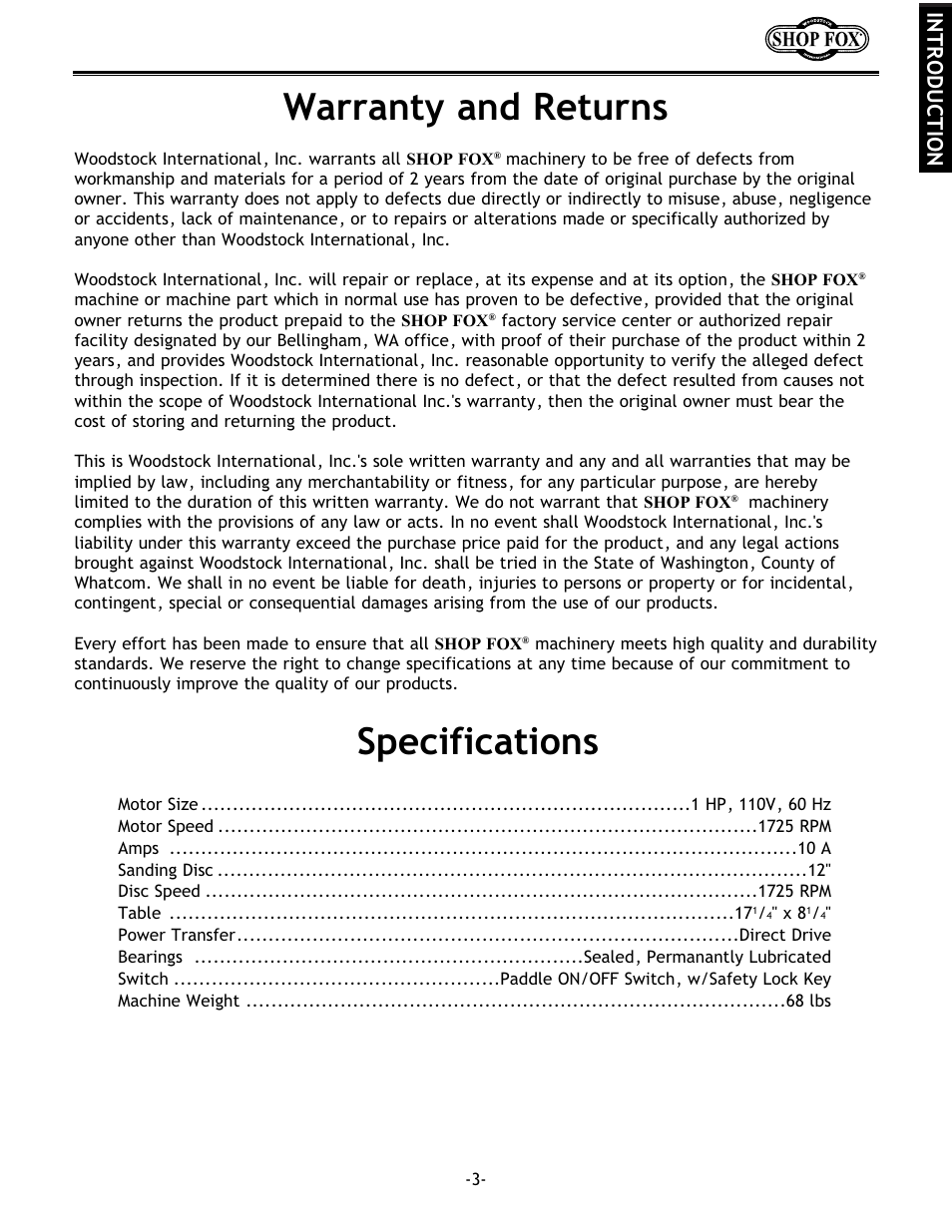 Specifications, Warranty and returns, Introduction | Woodstock W1708 User Manual | Page 5 / 24