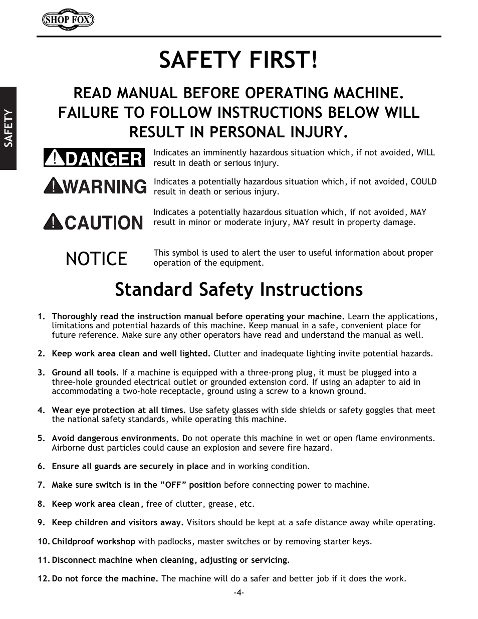 Safety first, Notice standard safety instructions | Woodstock W1708 User Manual | Page 6 / 24