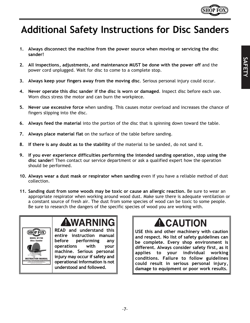 Additional safety instructions for disc sanders, Safety | Woodstock W1708 User Manual | Page 9 / 24